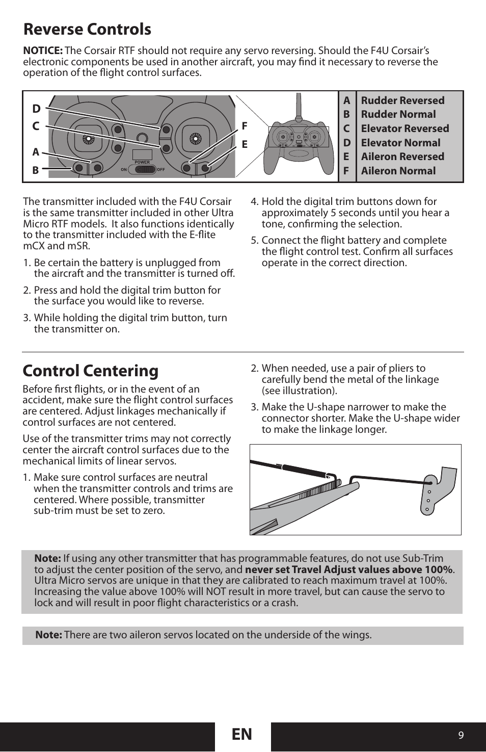 En control centering, Reverse controls | ParkZone PKZU1680 User Manual | Page 9 / 25