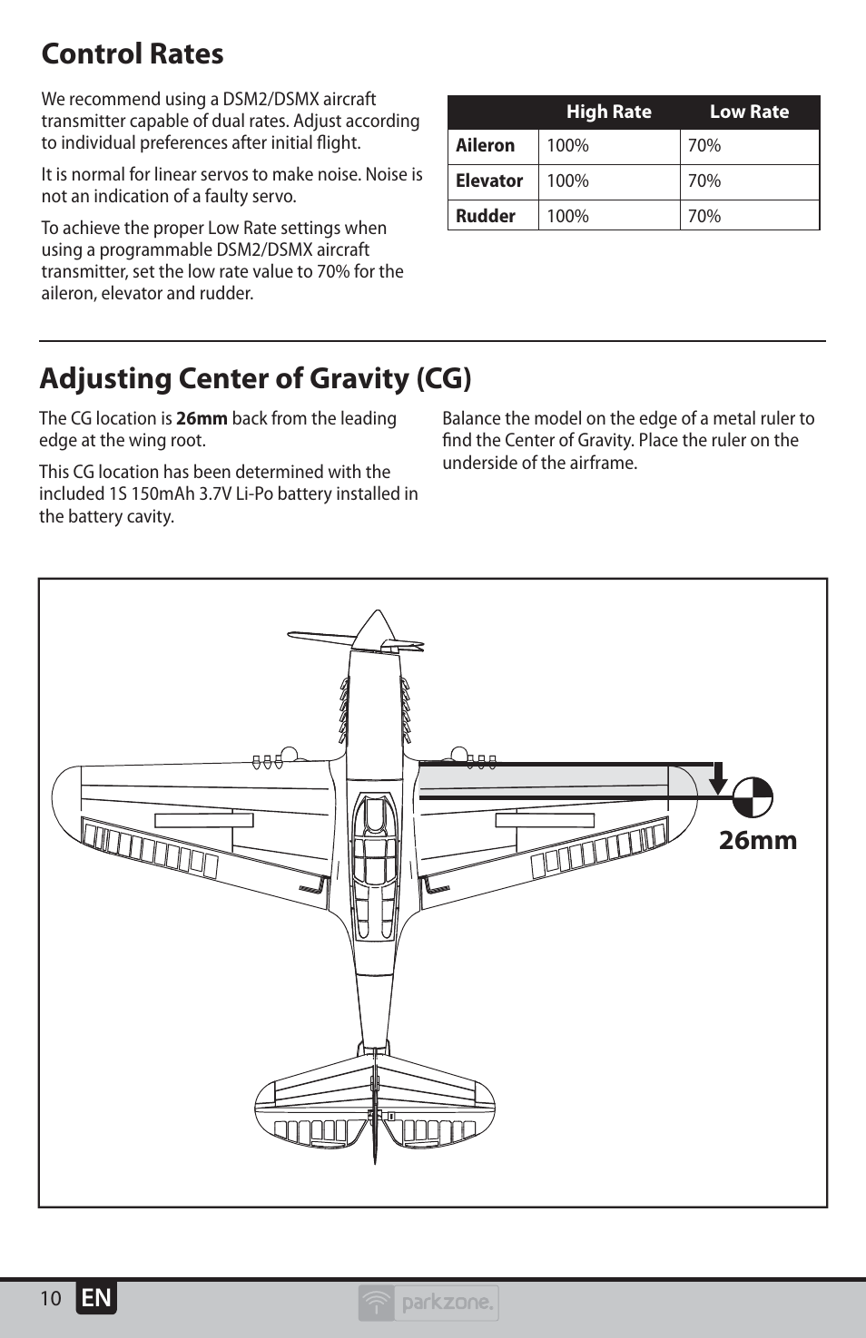 Adjusting center of gravity (cg), Control rates, 26mm | ParkZone PKZU1980 User Manual | Page 10 / 22