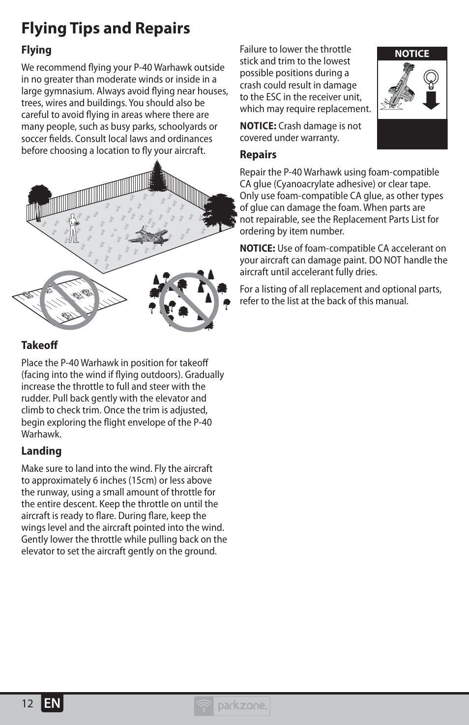 Flying tips and repairs | ParkZone PKZU1980 User Manual | Page 12 / 22