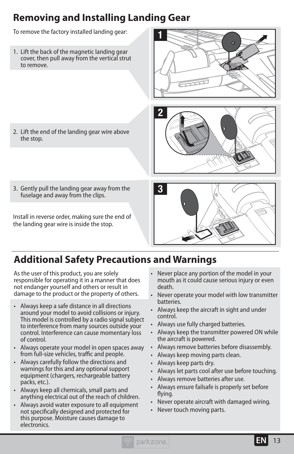 Additional safety precautions and warnings, Removing and installing landing gear 1 2 3 | ParkZone PKZU1980 User Manual | Page 13 / 22
