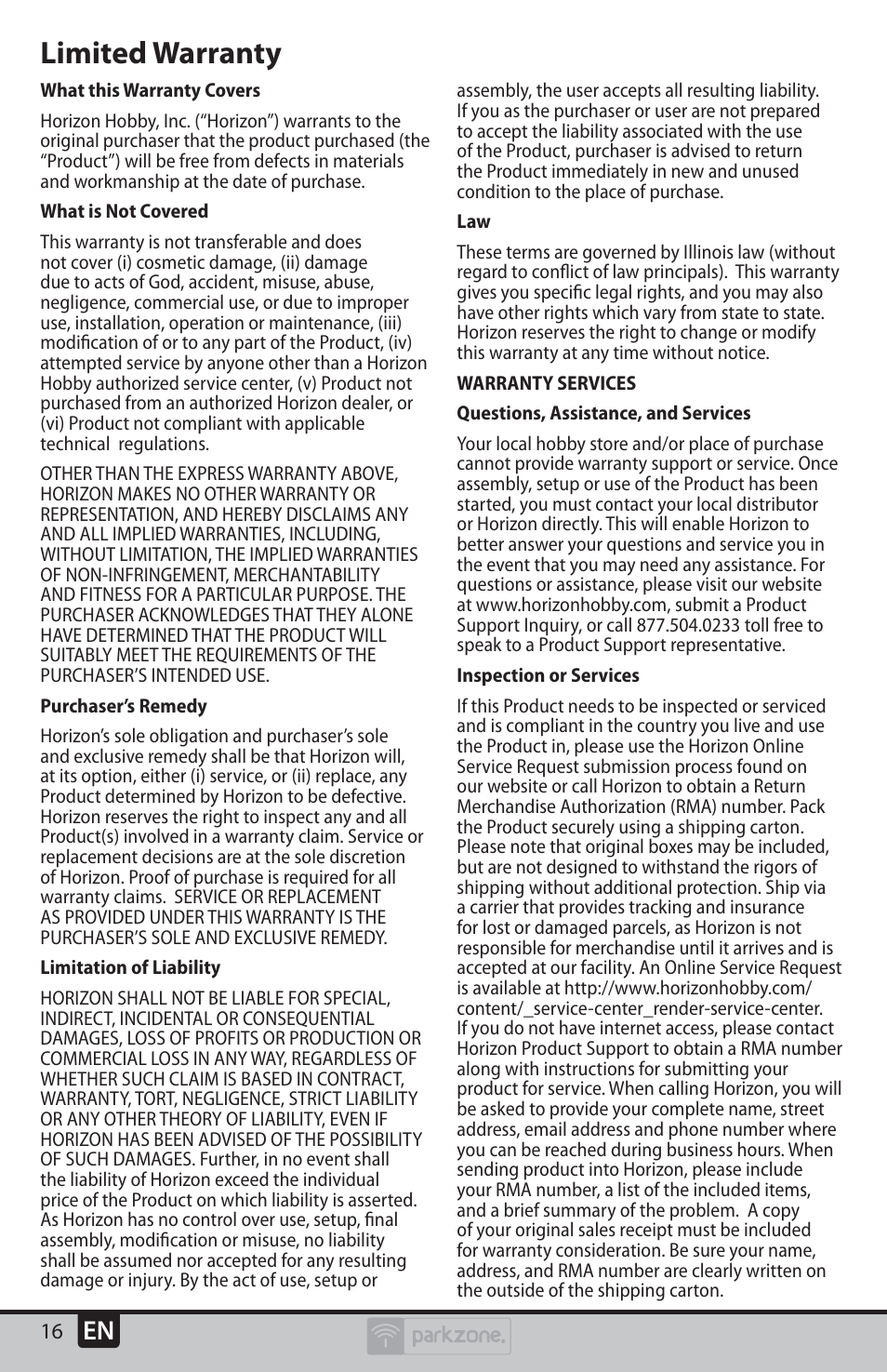 Limited warranty | ParkZone PKZU1980 User Manual | Page 16 / 22