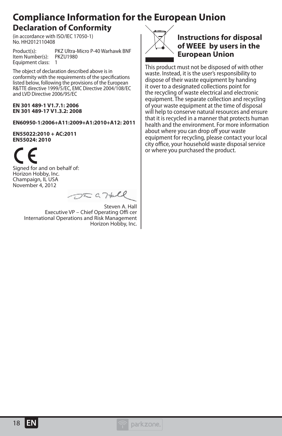 Compliance information for the european union, Declaration of conformity | ParkZone PKZU1980 User Manual | Page 18 / 22