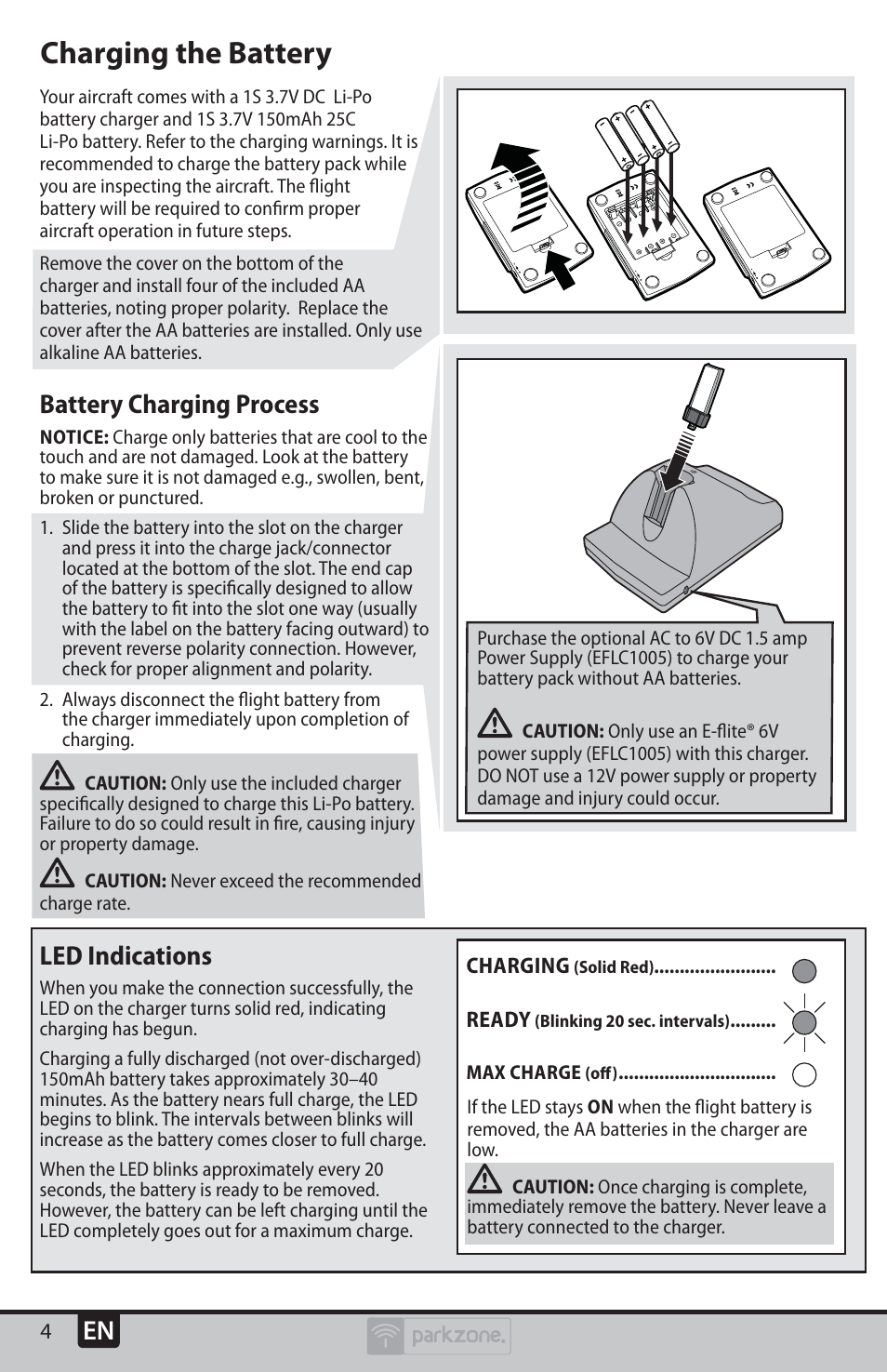 Charging the battery, Battery charging process, Led indications | ParkZone PKZU1980 User Manual | Page 4 / 22