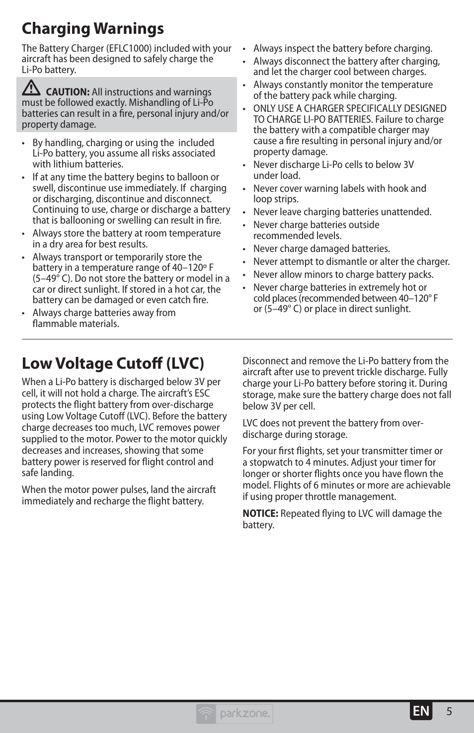 Low voltage cutoﬀ (lvc), Charging warnings | ParkZone PKZU1980 User Manual | Page 5 / 22