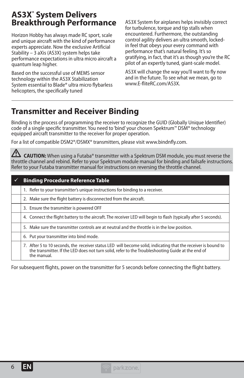 Transmitter and receiver binding, As3x, System delivers breakthrough performance | ParkZone PKZU1980 User Manual | Page 6 / 22