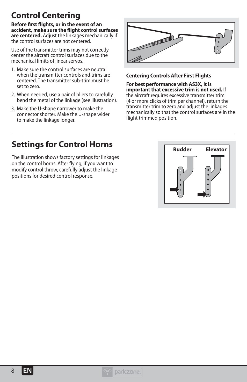 Settings for control horns, Control centering | ParkZone PKZU1980 User Manual | Page 8 / 22