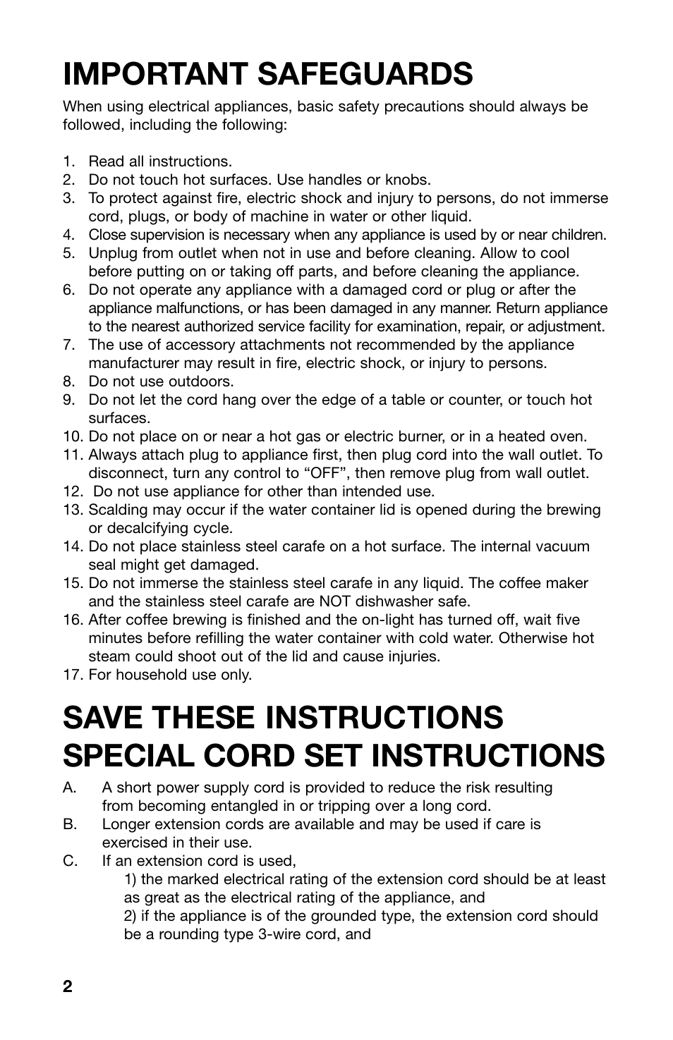 Important safeguards | Capresso 490 User Manual | Page 2 / 14