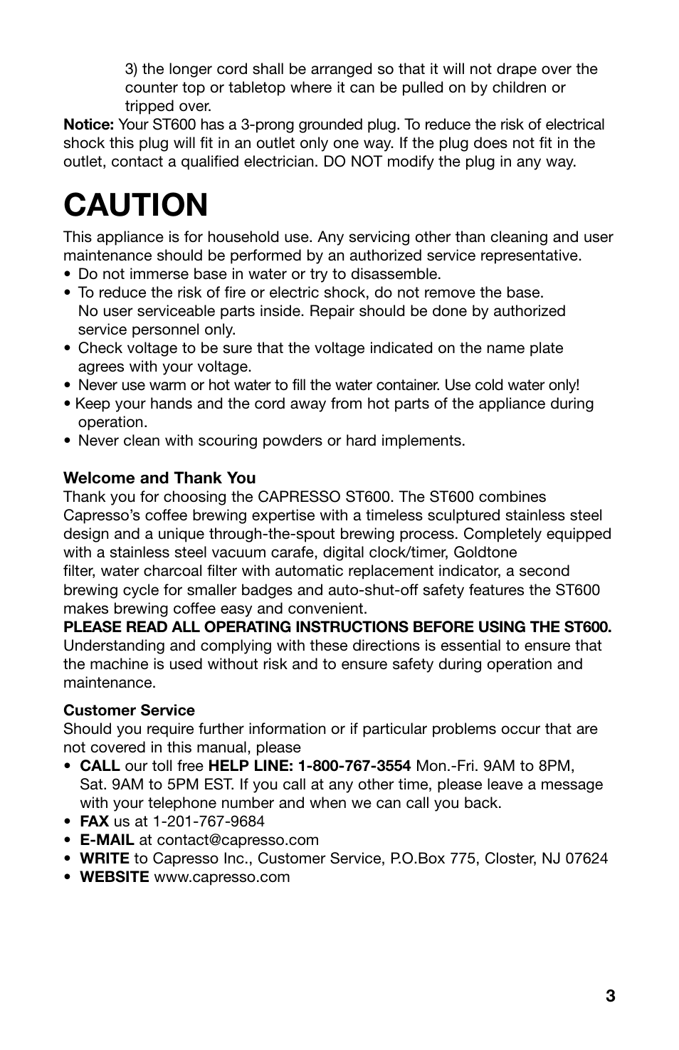 Caution | Capresso 490 User Manual | Page 3 / 14