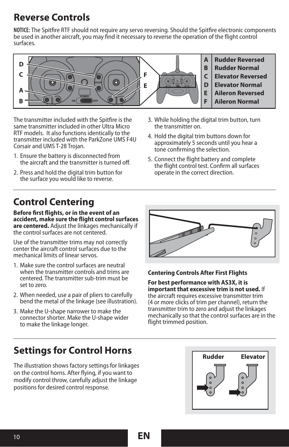 En control centering, Settings for control horns, Reverse controls | ParkZone PKZU2180 User Manual | Page 10 / 23