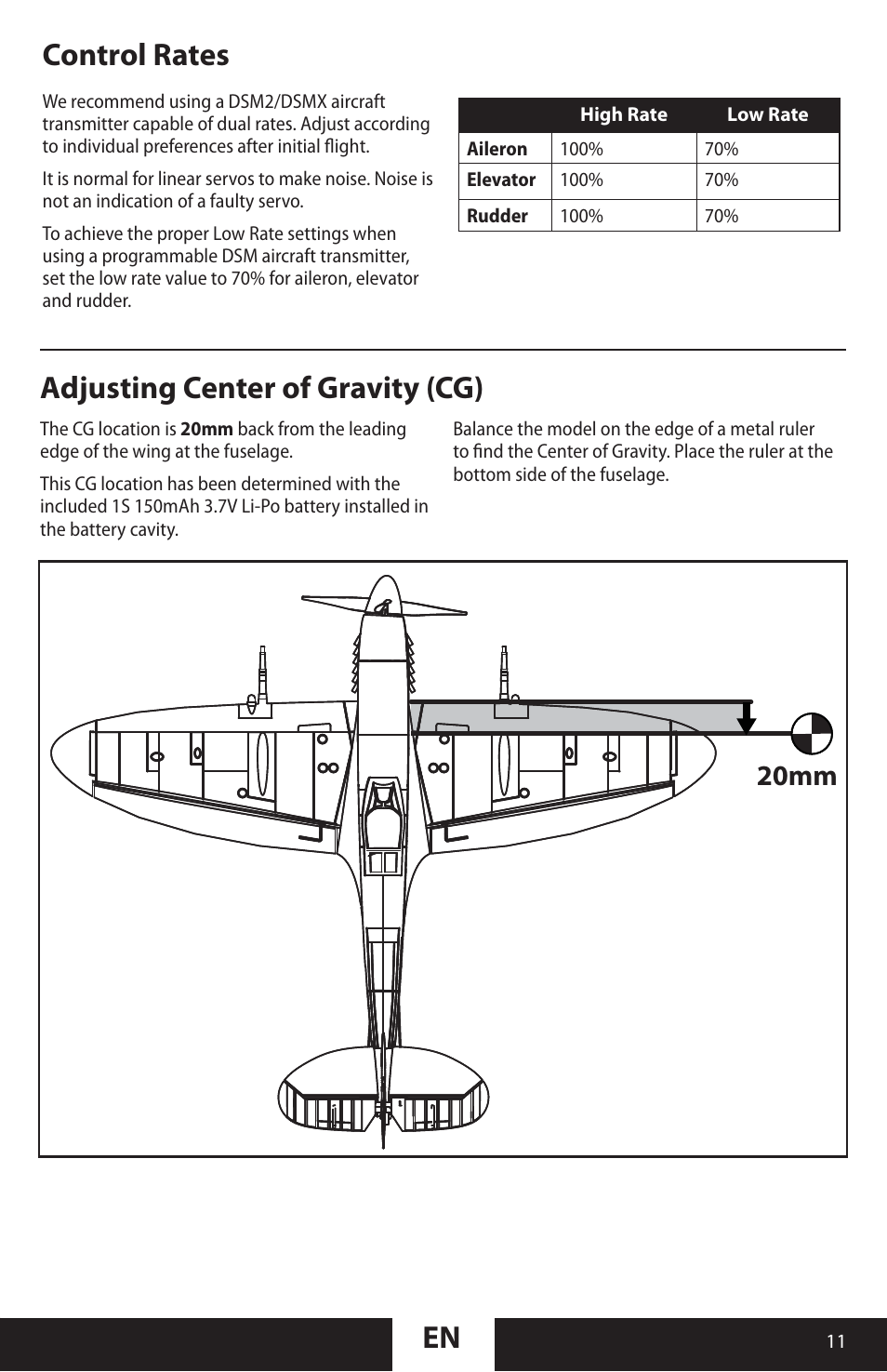 Adjusting center of gravity (cg), Control rates, 20mm | ParkZone PKZU2180 User Manual | Page 11 / 23