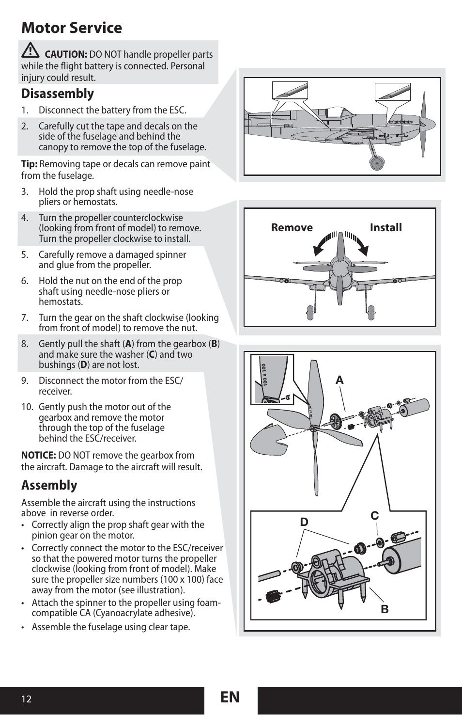 Motor service, Disassembly, Assembly | ParkZone PKZU2180 User Manual | Page 12 / 23