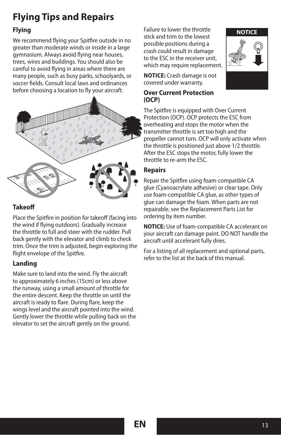 En flying tips and repairs | ParkZone PKZU2180 User Manual | Page 13 / 23