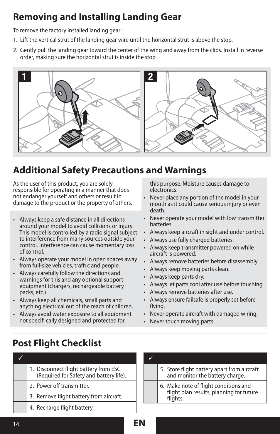 Removing and installing landing gear 1 2 | ParkZone PKZU2180 User Manual | Page 14 / 23