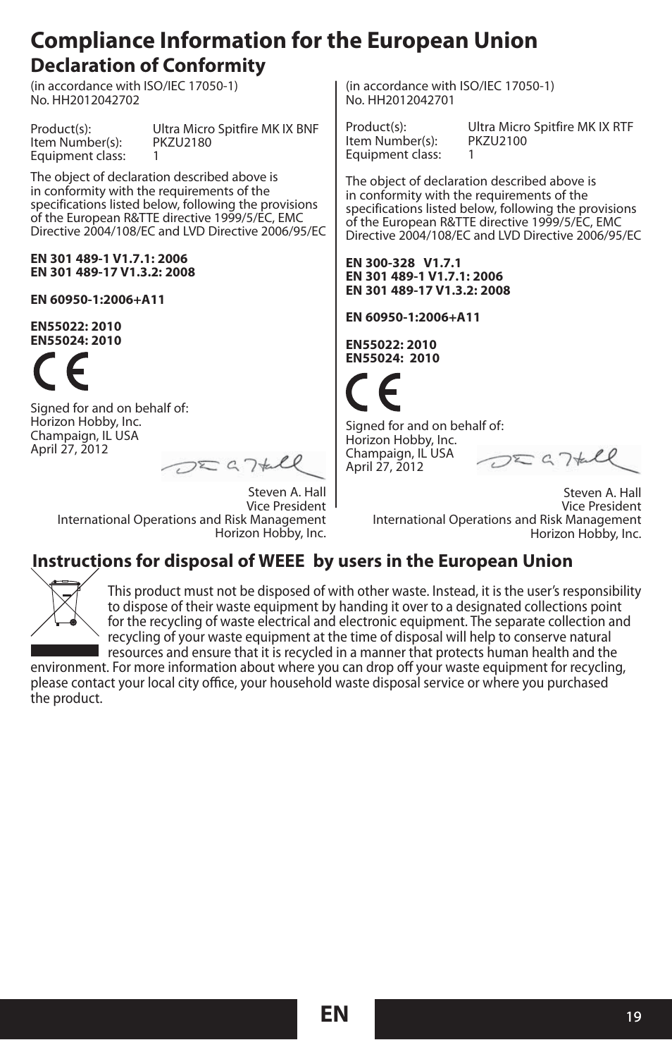 Compliance information for the european union, Declaration of conformity | ParkZone PKZU2180 User Manual | Page 19 / 23