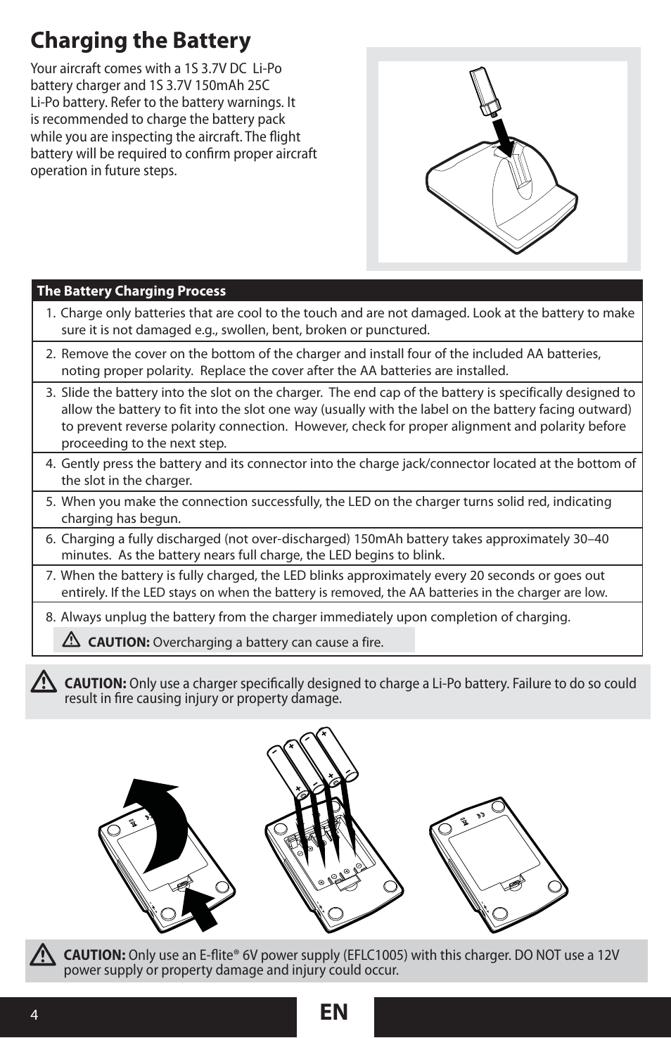 En charging the battery | ParkZone PKZU2180 User Manual | Page 4 / 23