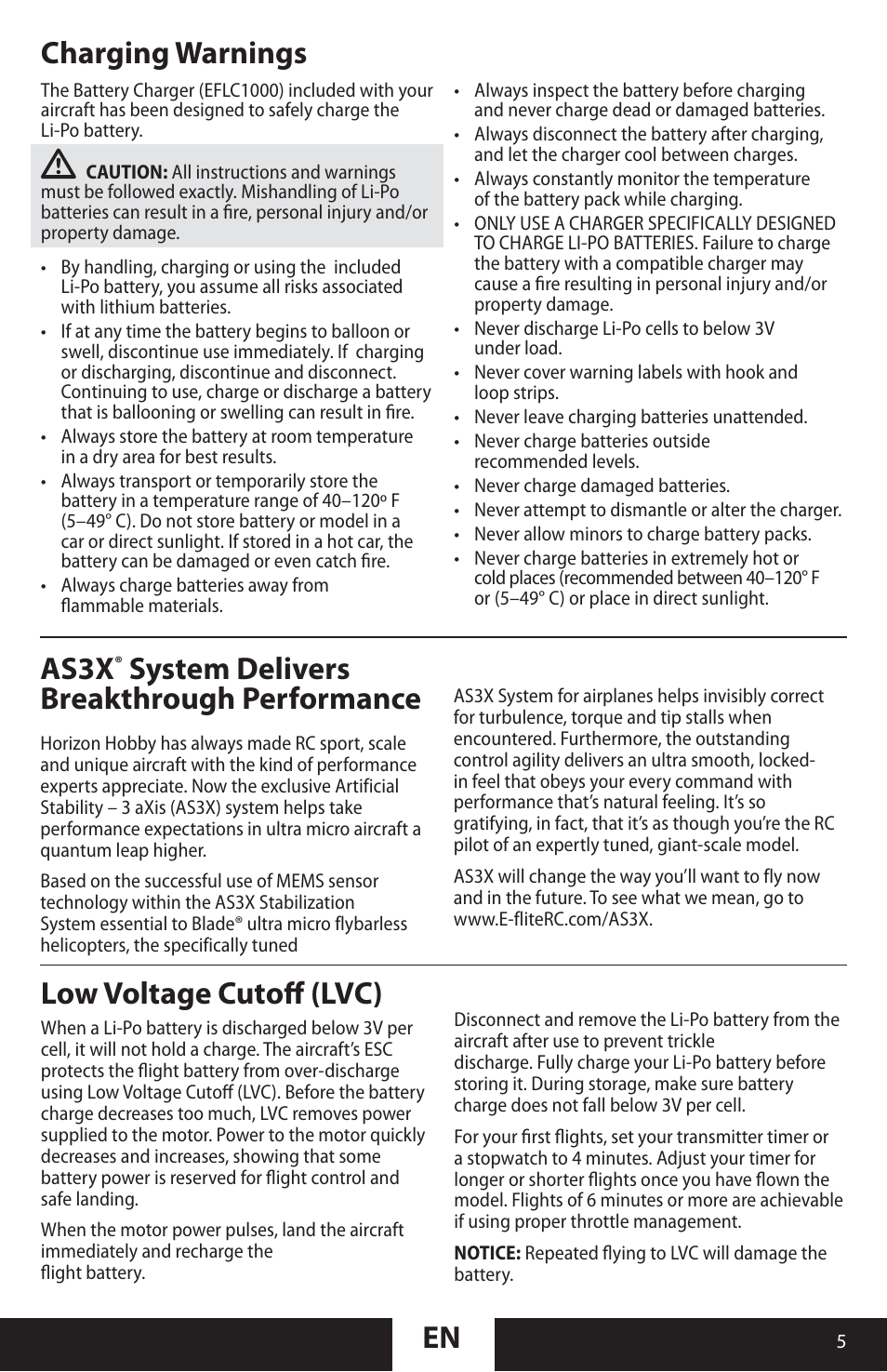 En low voltage cutoﬀ (lvc), Charging warnings as3x, System delivers breakthrough performance | ParkZone PKZU2180 User Manual | Page 5 / 23