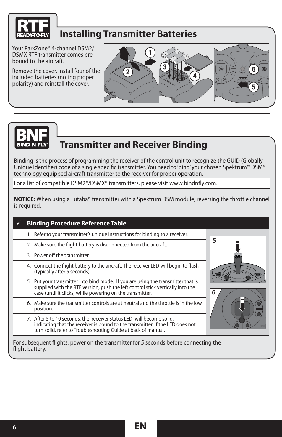 Installing transmitter batteries, Transmitter and receiver binding | ParkZone PKZU2180 User Manual | Page 6 / 23