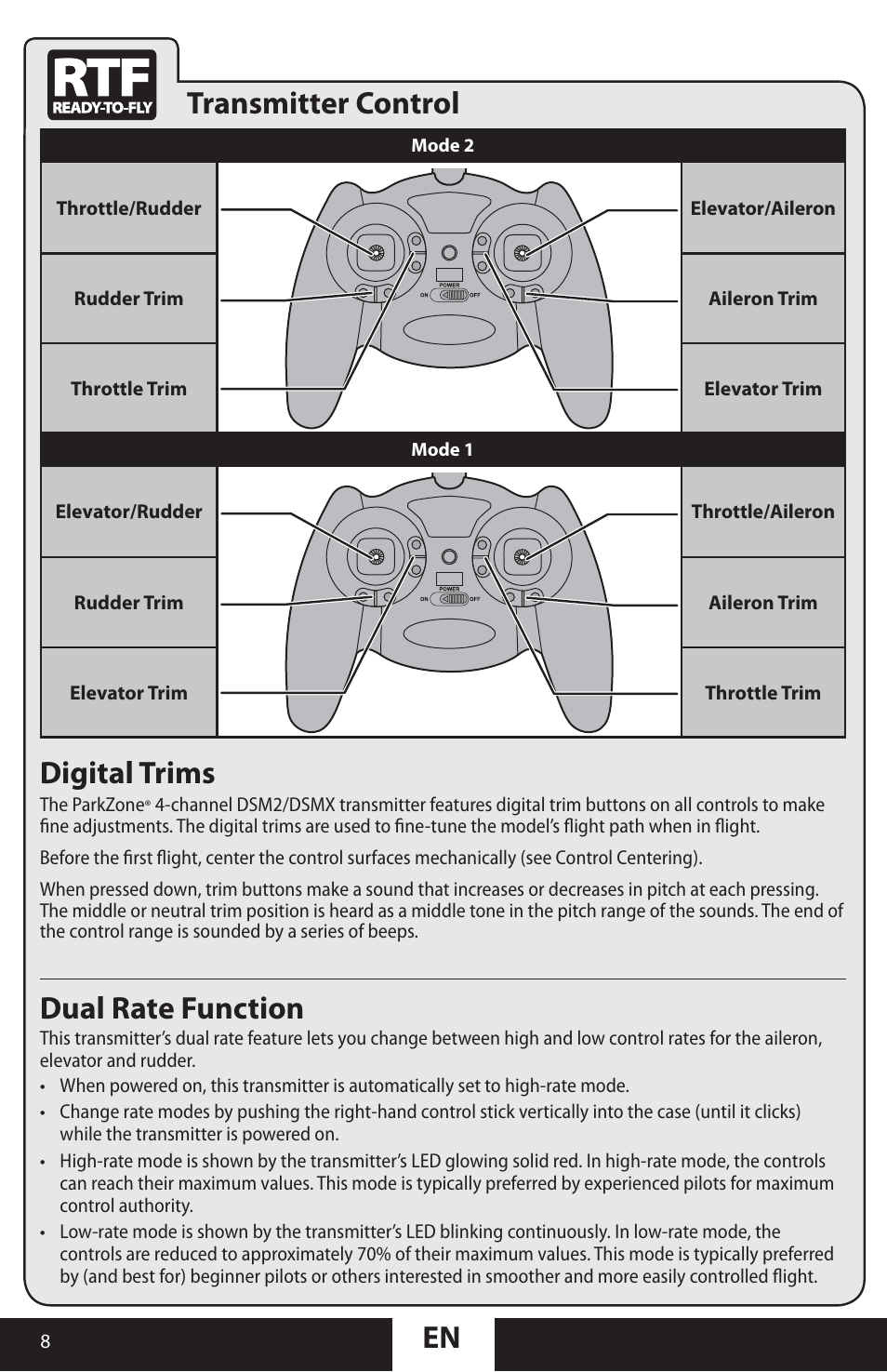 En transmitter control digital trims, Dual rate function | ParkZone PKZU2180 User Manual | Page 8 / 23