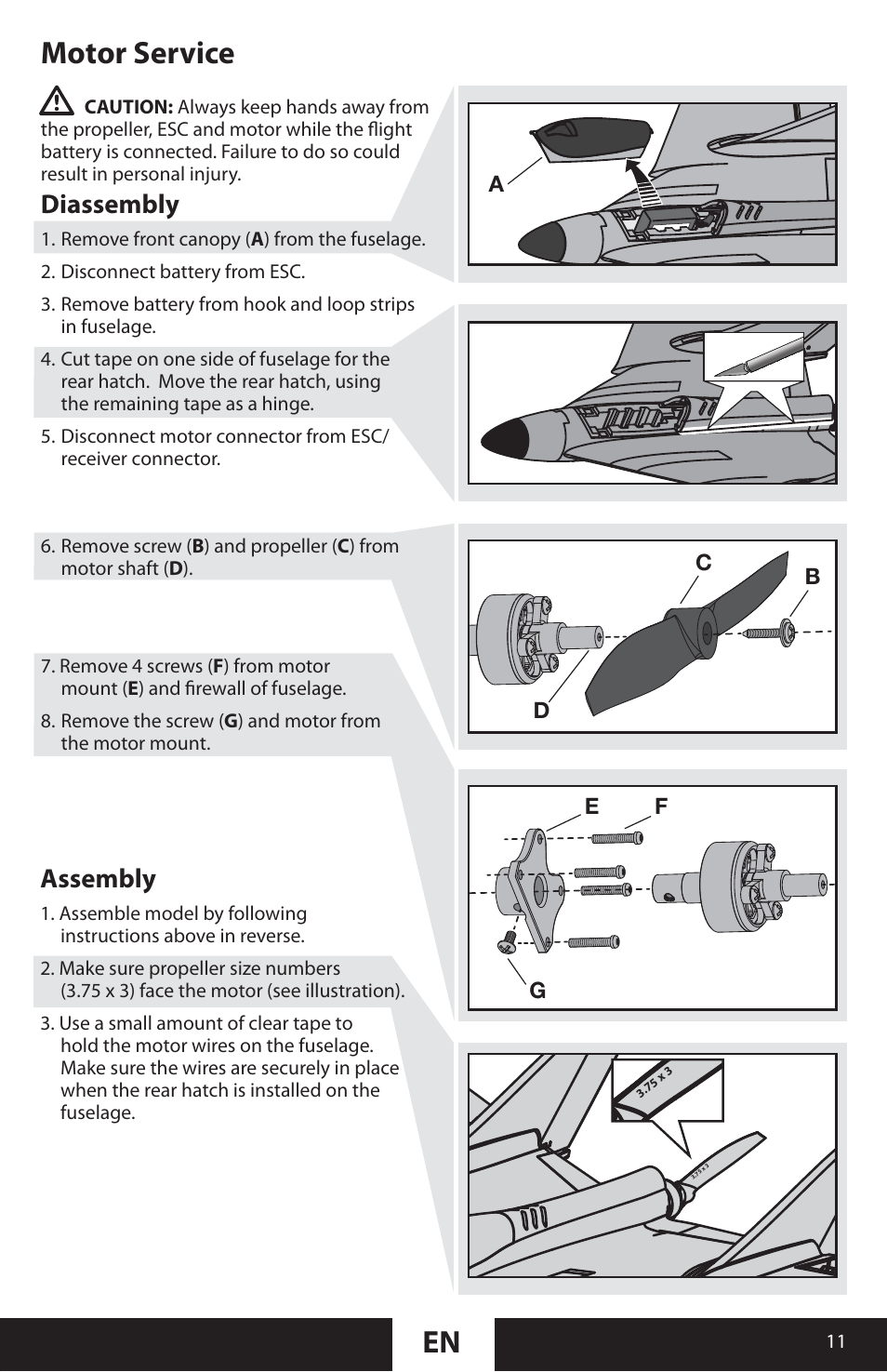 Motor service en, Assembly, Diassembly | ParkZone PKZU2280 User Manual | Page 11 / 21
