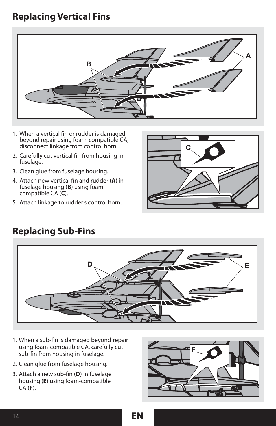 Replacing vertical fins replacing sub-fins | ParkZone PKZU2280 User Manual | Page 14 / 21