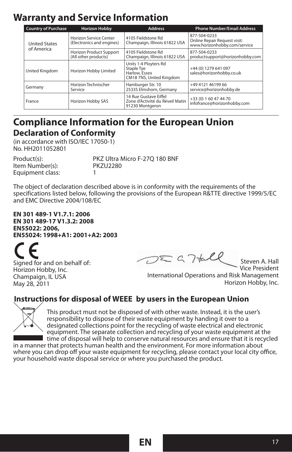 En warranty and service information, Compliance information for the european union, Declaration of conformity | ParkZone PKZU2280 User Manual | Page 17 / 21