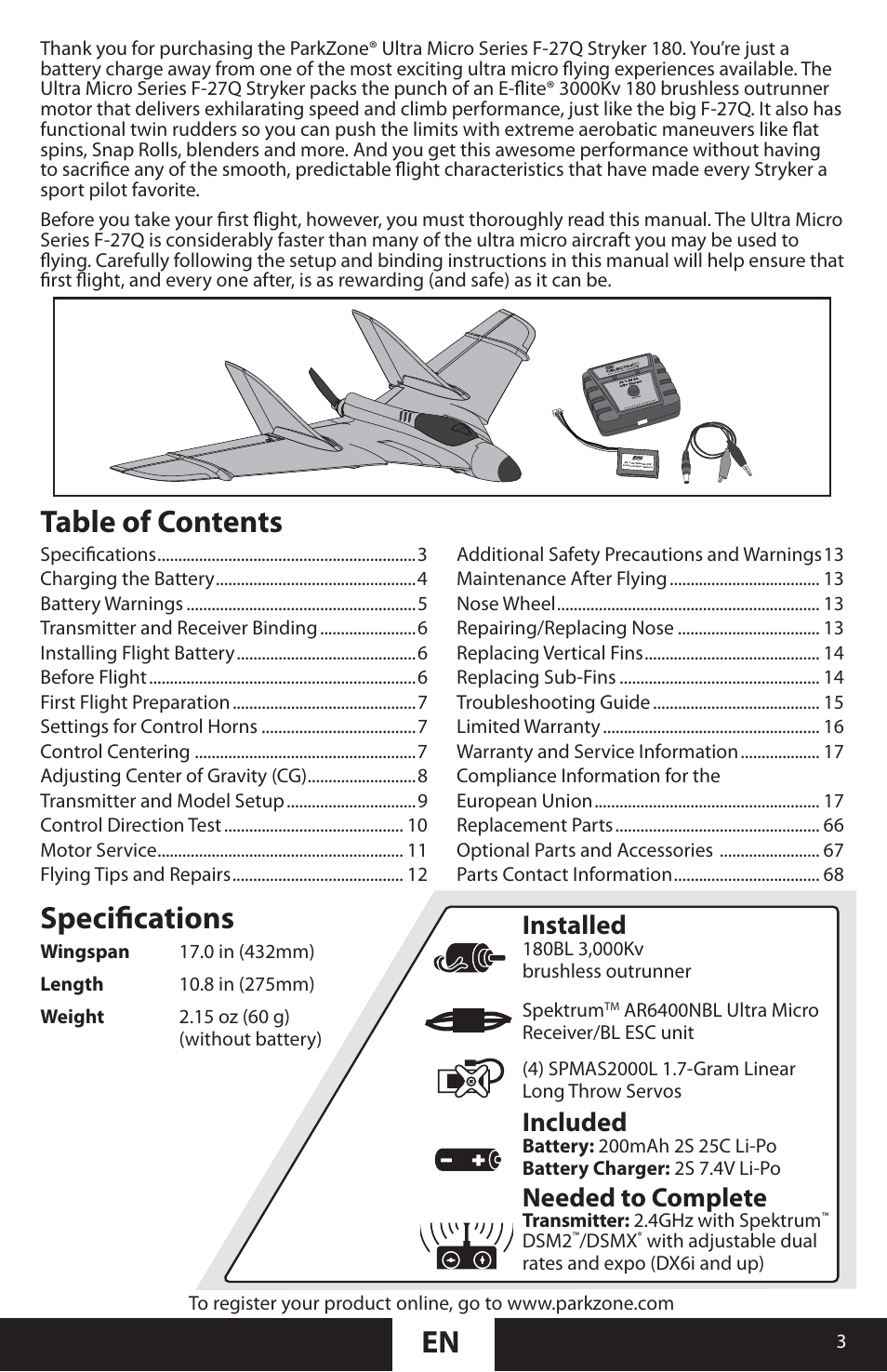 Table of contents en, Speciﬁ cations, Needed to complete installed included | ParkZone PKZU2280 User Manual | Page 3 / 21