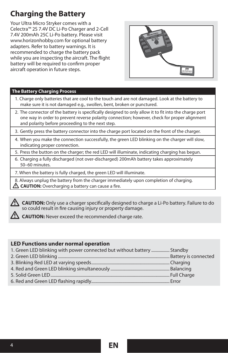 Charging the battery, Led functions under normal operation | ParkZone PKZU2280 User Manual | Page 4 / 21
