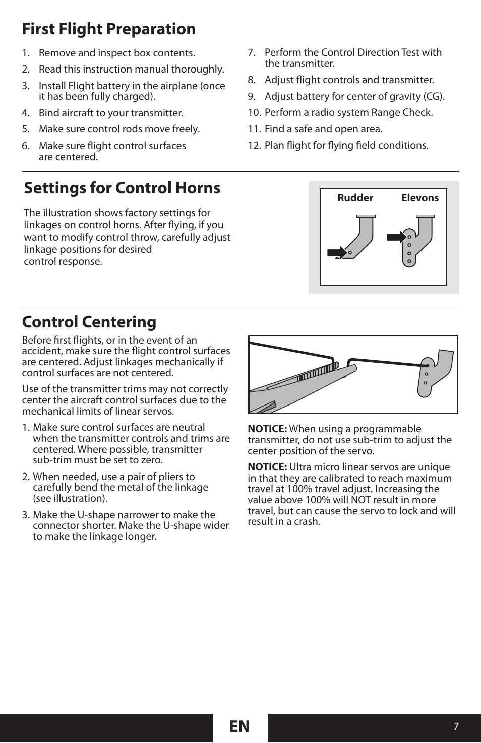 En first flight preparation, Control centering, Settings for control horns | ParkZone PKZU2280 User Manual | Page 7 / 21