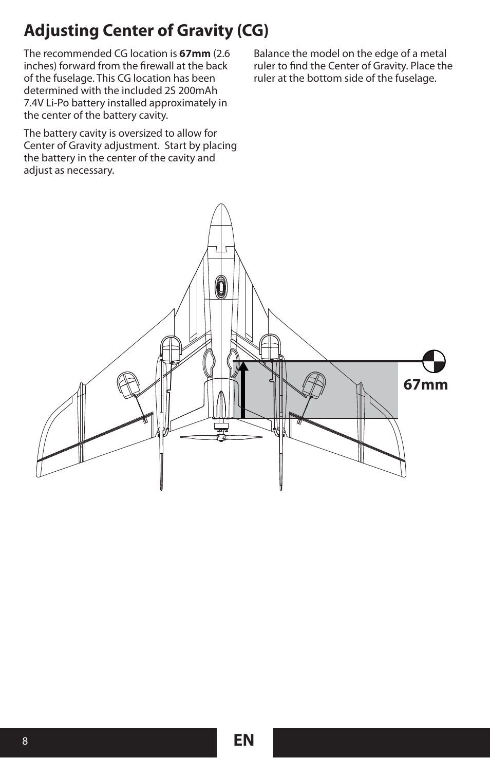 En adjusting center of gravity (cg), 67mm | ParkZone PKZU2280 User Manual | Page 8 / 21