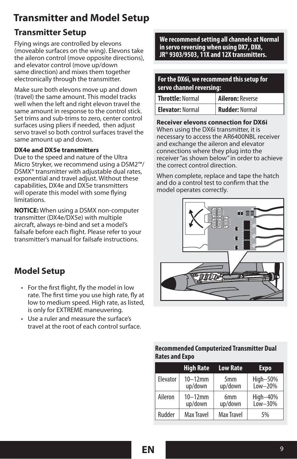 En transmitter and model setup, Transmitter setup, Model setup | ParkZone PKZU2280 User Manual | Page 9 / 21