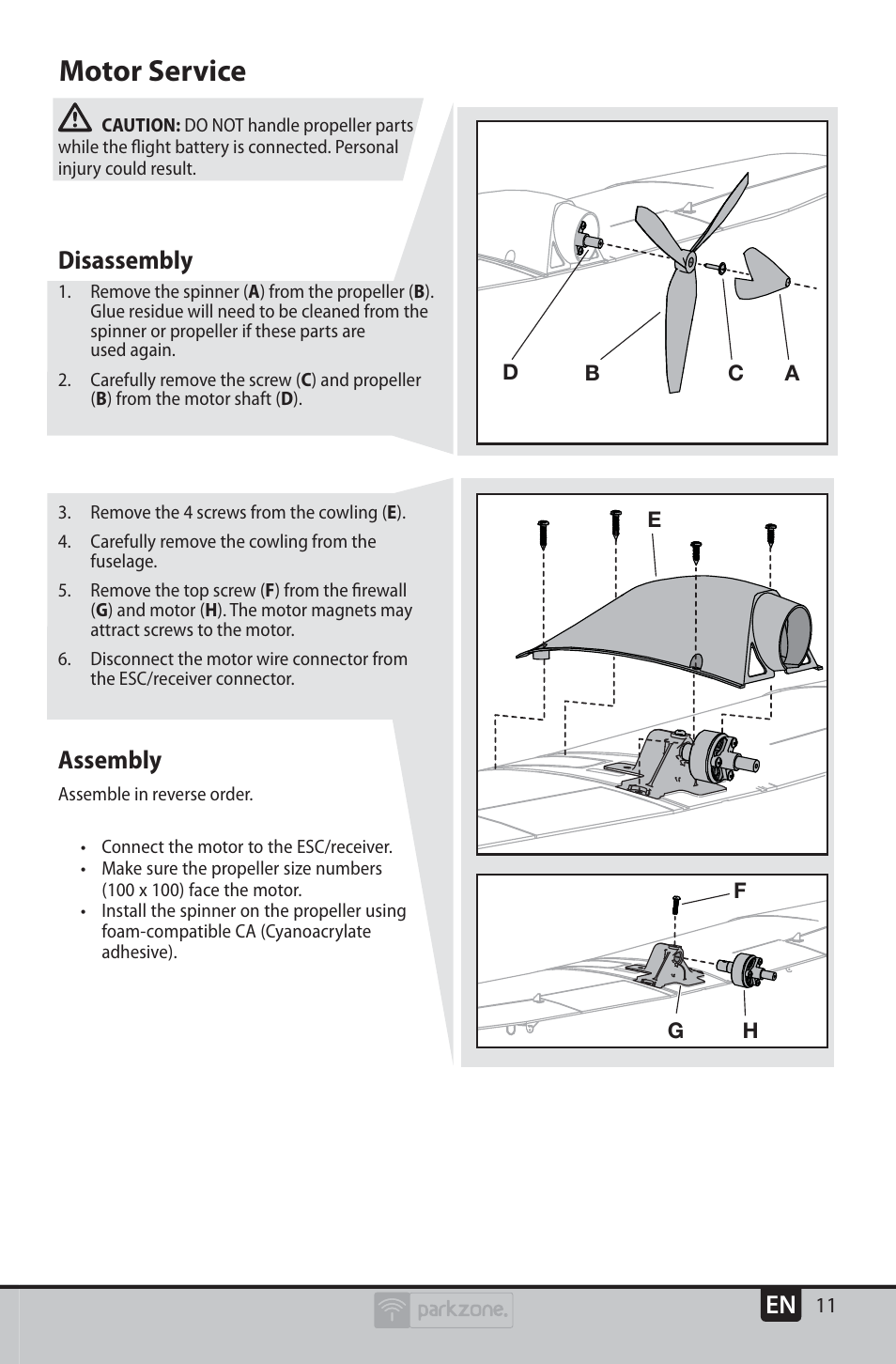 Motor service, Disassembly, Assembly | ParkZone PKZU2380 User Manual | Page 11 / 21