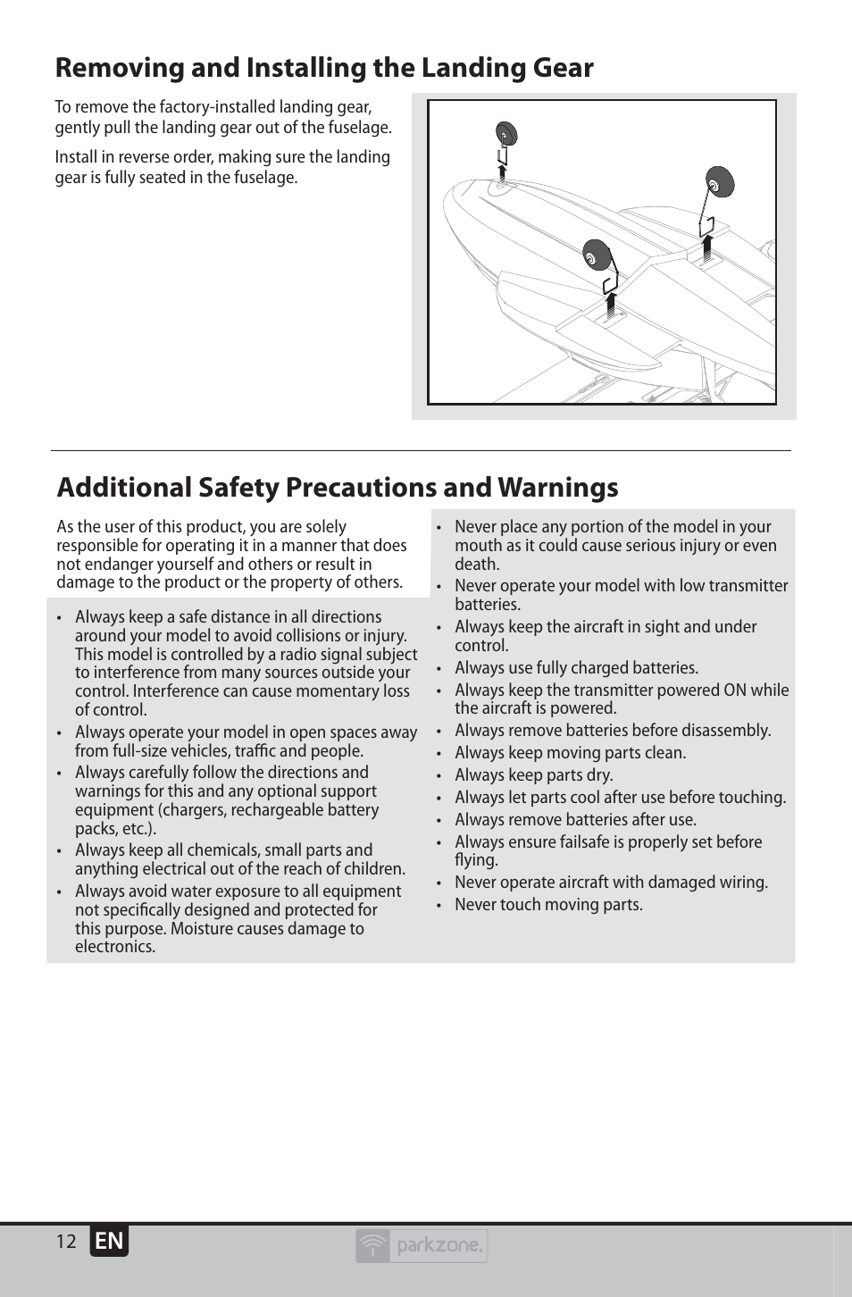 Additional safety precautions and warnings, Removing and installing the landing gear | ParkZone PKZU2380 User Manual | Page 12 / 21