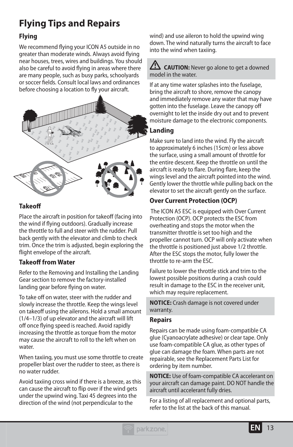 Flying tips and repairs | ParkZone PKZU2380 User Manual | Page 13 / 21