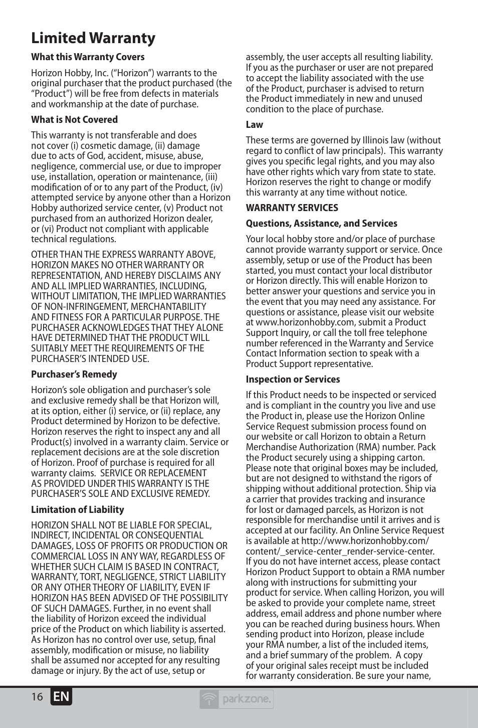 Limited warranty | ParkZone PKZU2380 User Manual | Page 16 / 21