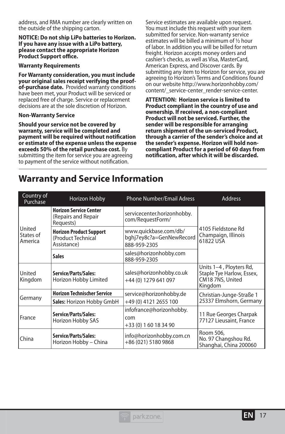 Warranty and service information | ParkZone PKZU2380 User Manual | Page 17 / 21