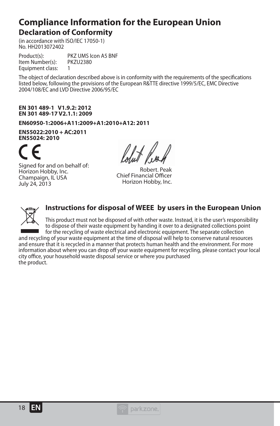Compliance information for the european union, Declaration of conformity | ParkZone PKZU2380 User Manual | Page 18 / 21