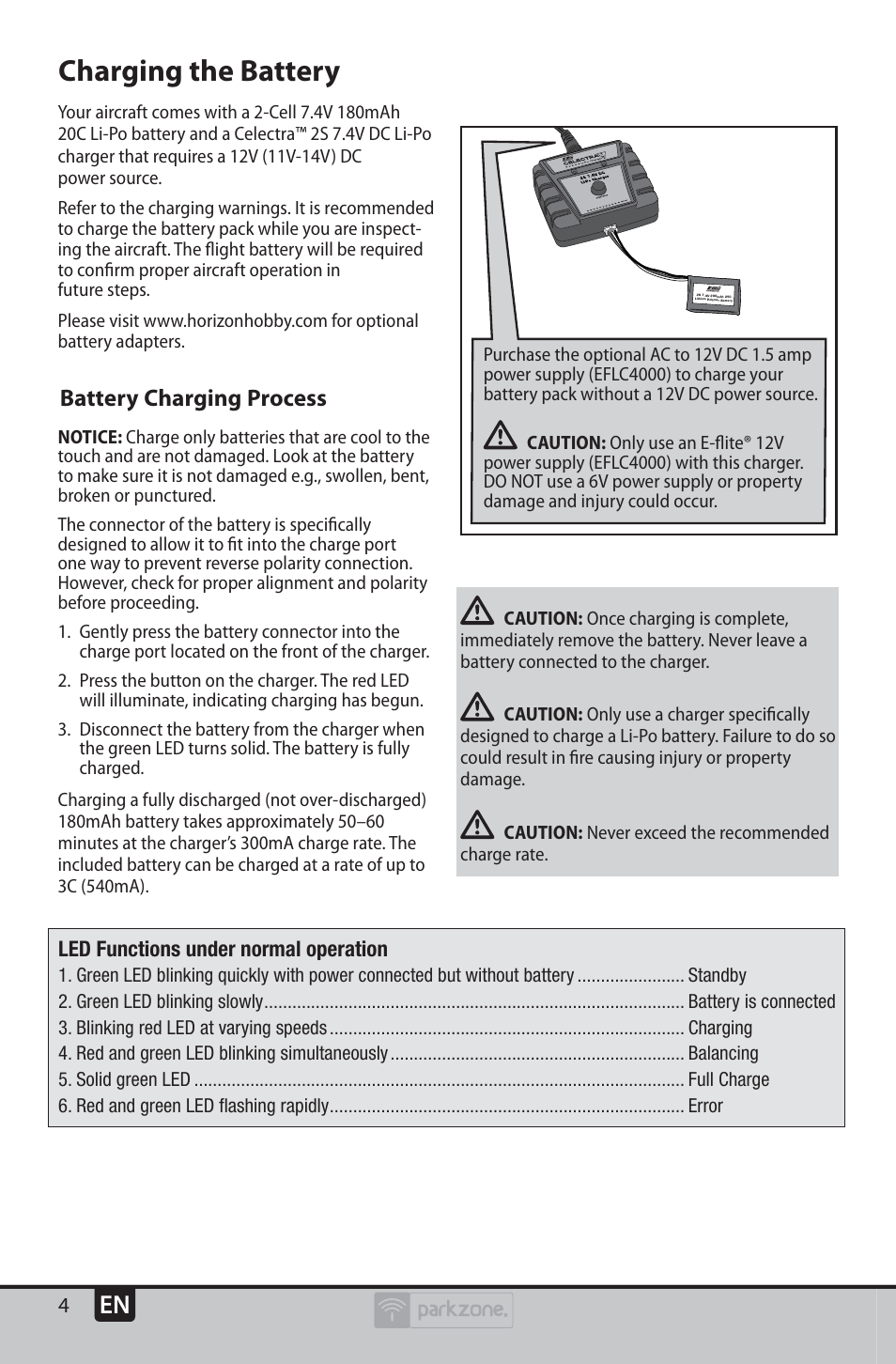 Charging the battery, Battery charging process, Led functions under normal operation | ParkZone PKZU2380 User Manual | Page 4 / 21