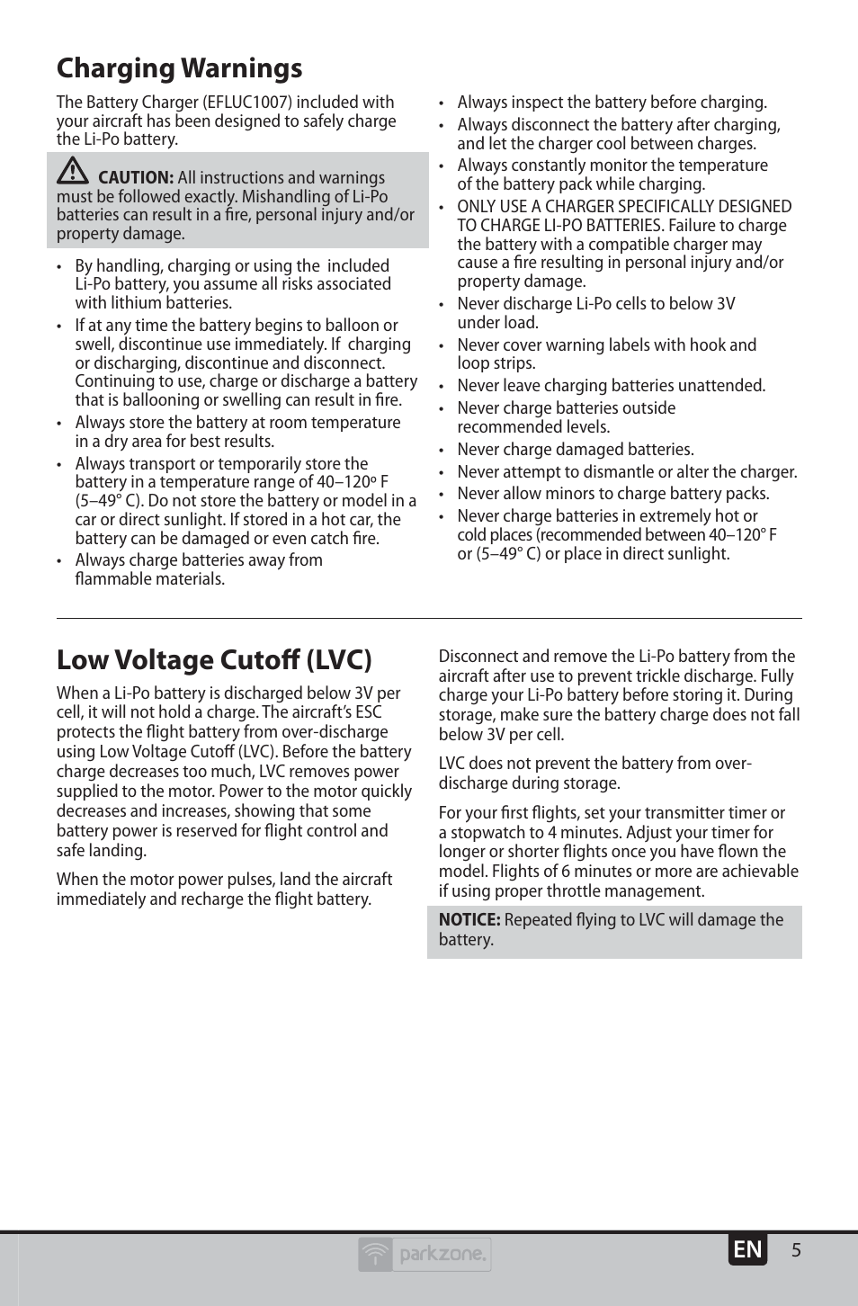 Low voltage cutoﬀ (lvc), Charging warnings | ParkZone PKZU2380 User Manual | Page 5 / 21
