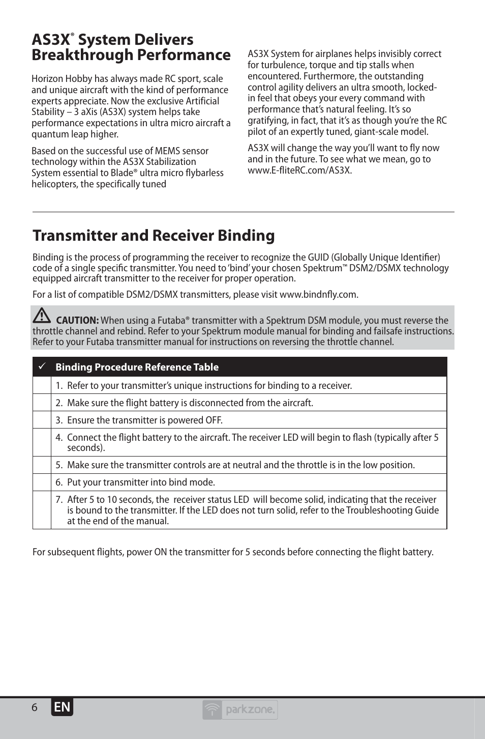 Transmitter and receiver binding, As3x, System delivers breakthrough performance | ParkZone PKZU2380 User Manual | Page 6 / 21
