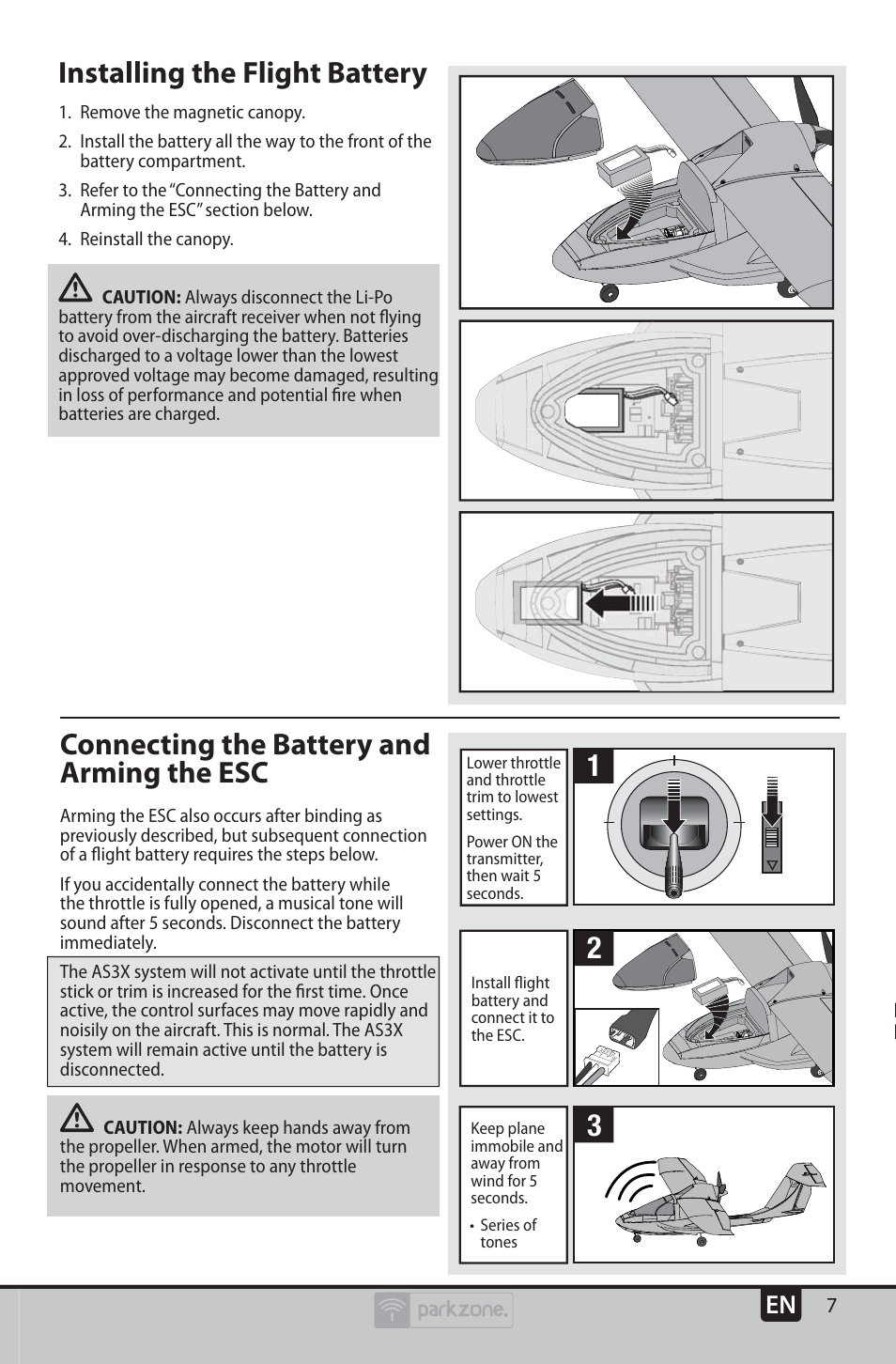 Installing the flight battery, Connecting the battery and arming the esc | ParkZone PKZU2380 User Manual | Page 7 / 21