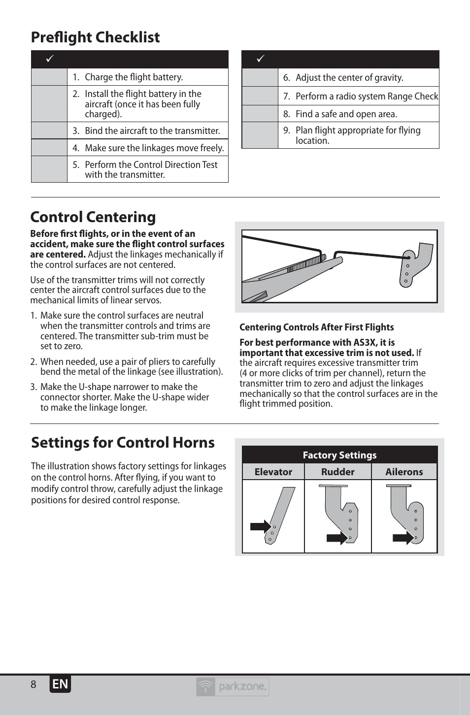 Settings for control horns, Control centering, Preﬂ ight checklist | ParkZone PKZU2380 User Manual | Page 8 / 21