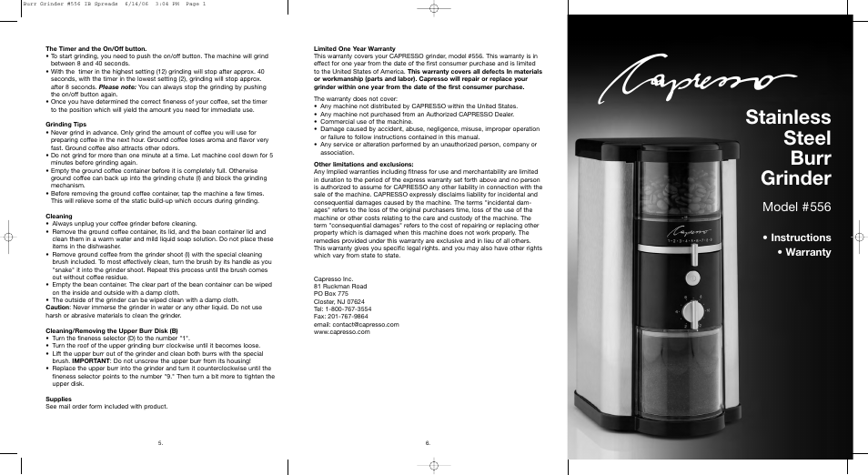 Capresso 556 User Manual | 2 pages