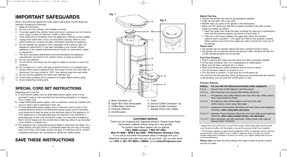 Important safeguards, Save these instructions, Special cord set instructions | Capresso 556 User Manual | Page 2 / 2
