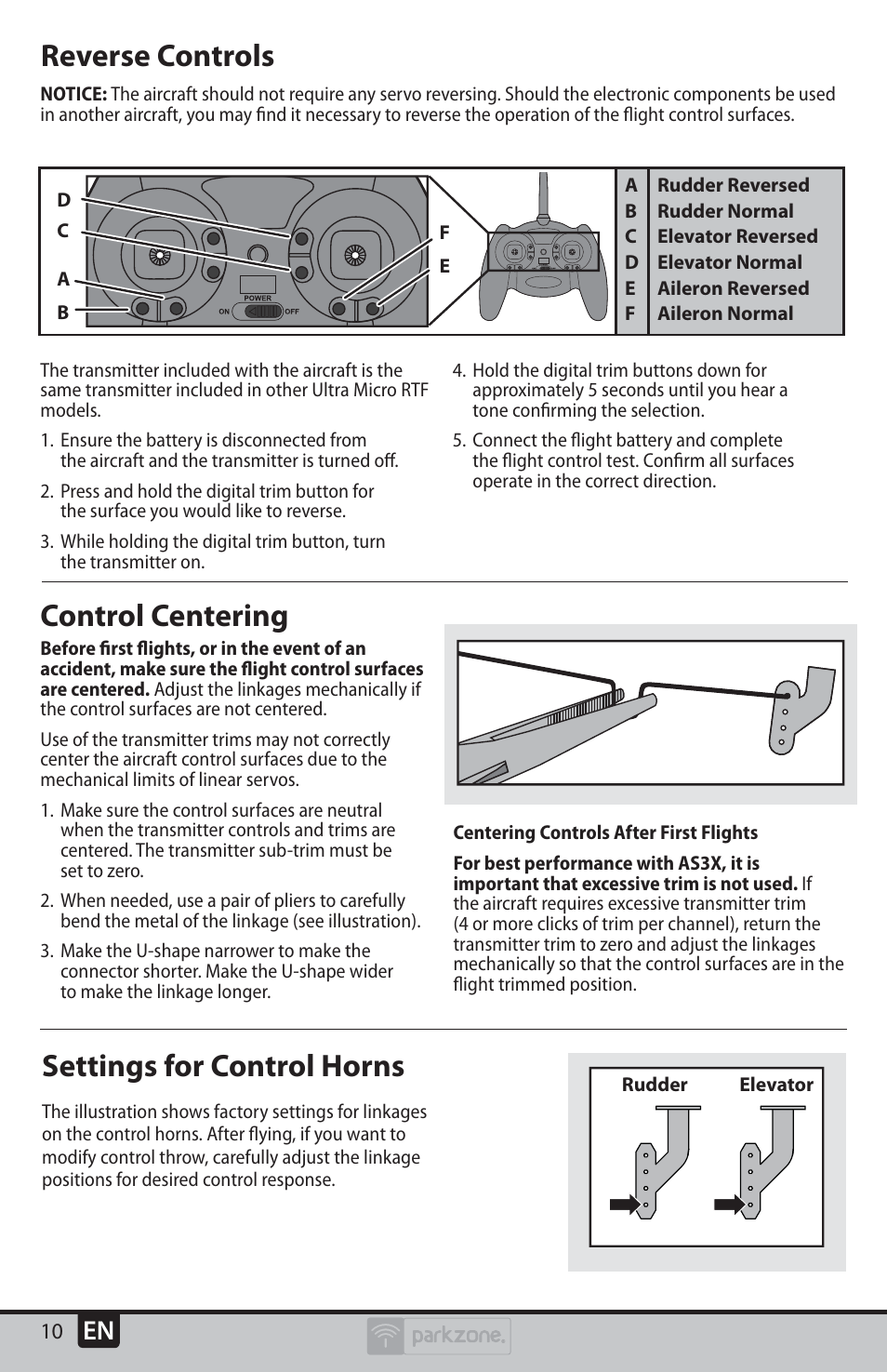 Settings for control horns, Control centering, Reverse controls | ParkZone PKZU2480 User Manual | Page 10 / 22