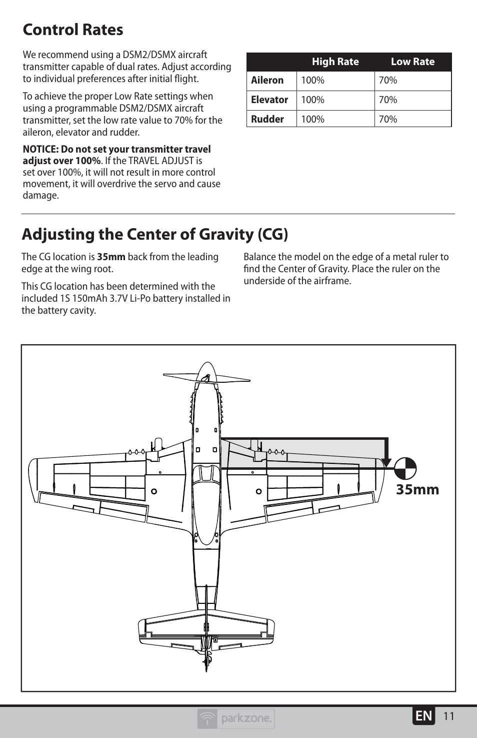 Adjusting the center of gravity (cg), Control rates, 35mm | ParkZone PKZU2480 User Manual | Page 11 / 22