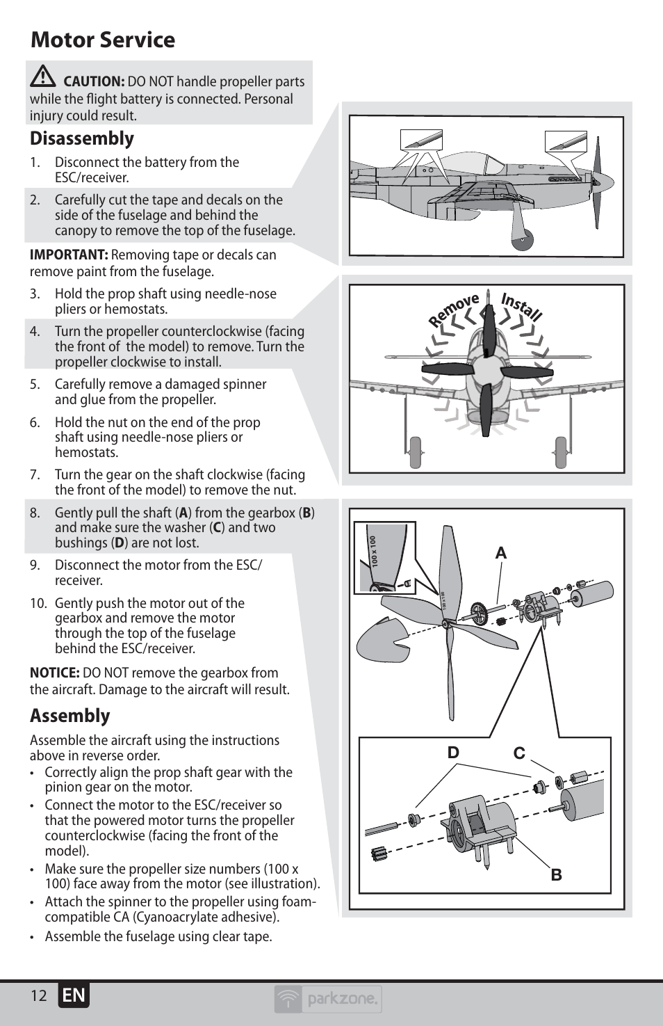 Motor service, Disassembly, Assembly | ParkZone PKZU2480 User Manual | Page 12 / 22