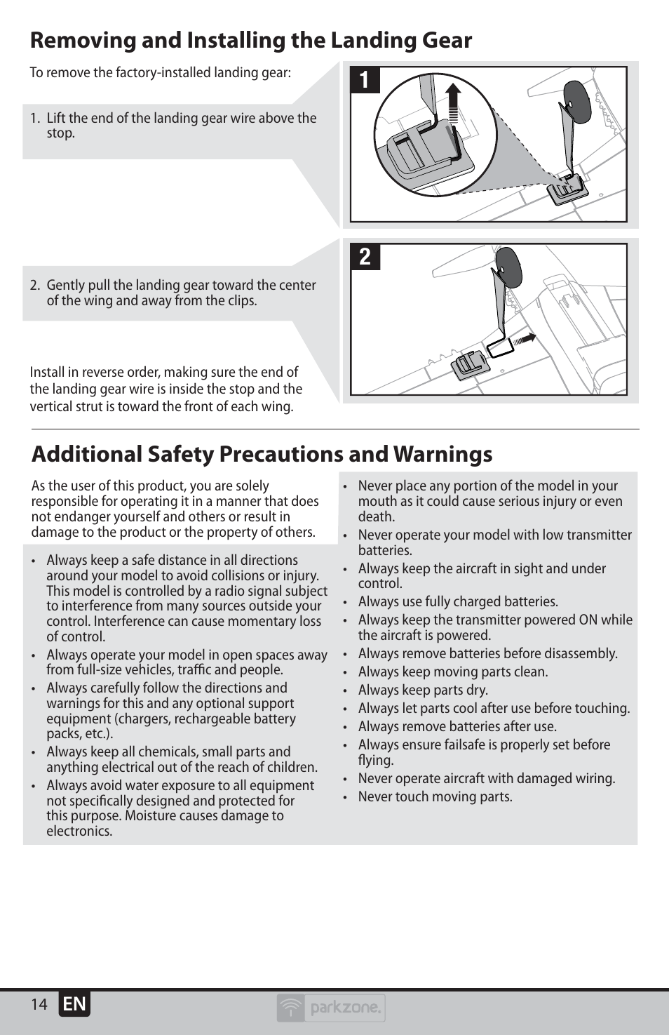 Additional safety precautions and warnings, Removing and installing the landing gear 1 2 | ParkZone PKZU2480 User Manual | Page 14 / 22