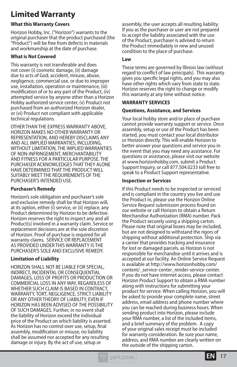 Limited warranty | ParkZone PKZU2480 User Manual | Page 17 / 22