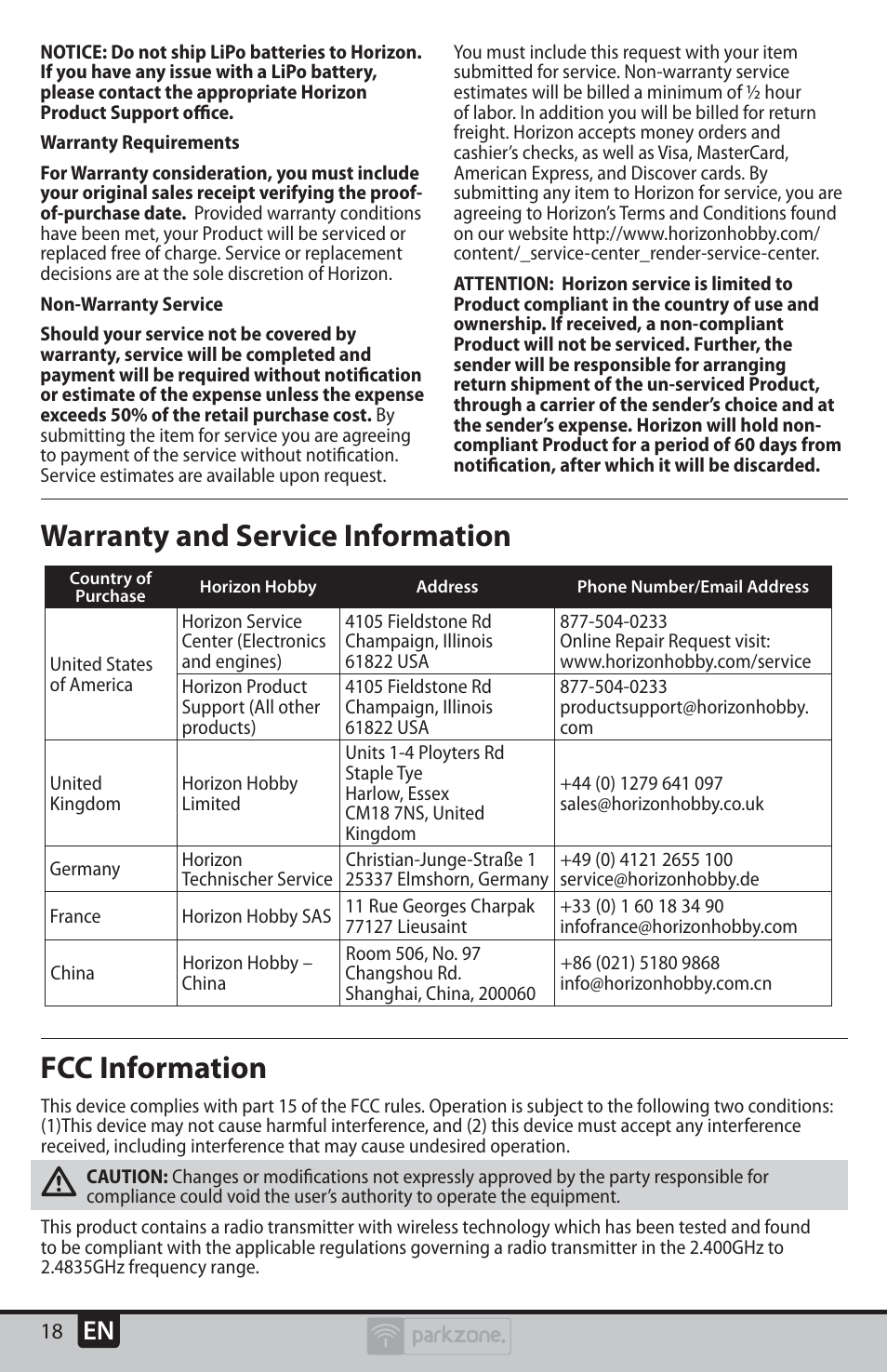 Warranty and service information, Fcc information | ParkZone PKZU2480 User Manual | Page 18 / 22