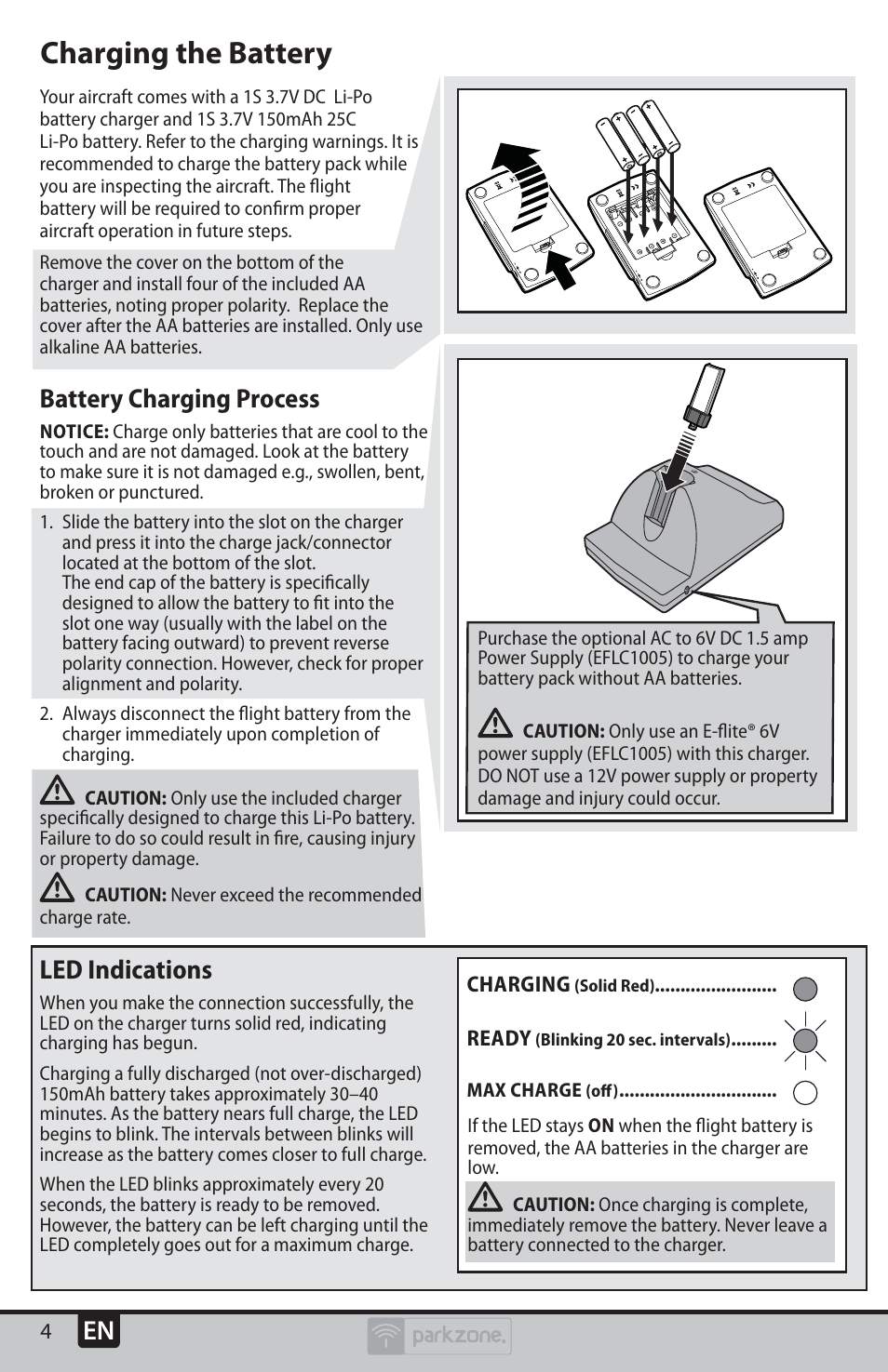 Charging the battery, Battery charging process, Led indications | ParkZone PKZU2480 User Manual | Page 4 / 22
